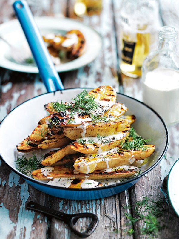 Char-grilled potato salad with creamy mustard dressing