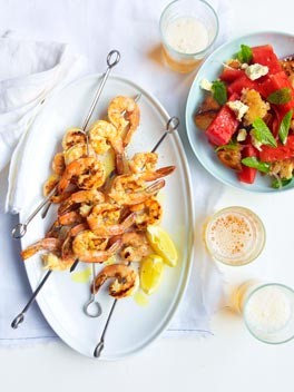 Char-grilled prawns with watermelon, feta and torn bread