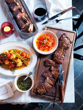 Char-grilled skirt steak and beef short ribs with salsa Criolla and chimichurri