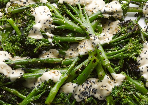 Char-grilled sprouting broccoli with sweet tahini