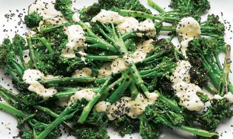Char-grilled sprouting broccoli with sweet tahini