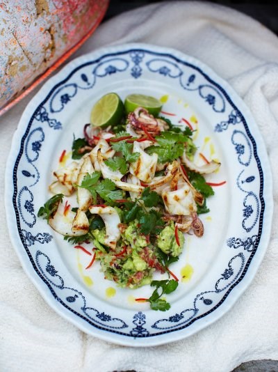 Char-grilled squid with rustic guacamole