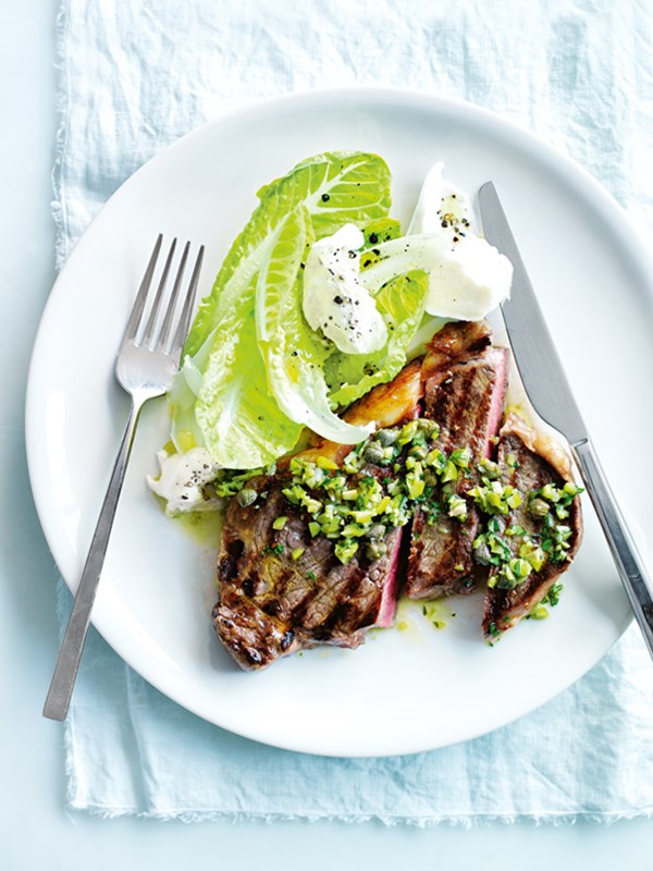 Char-grilled steak with green olive, caper and basil salsa