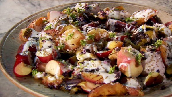 Char-grilled stone fruit with lemon geranium water