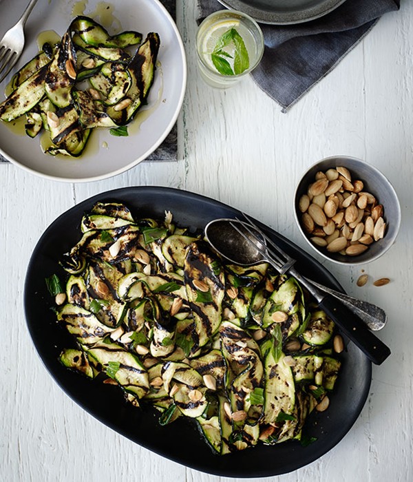 Char-grilled zucchini with mint and almonds