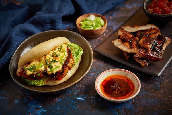  Char siu pork belly breakfast bao with egg and smoky tomato relish