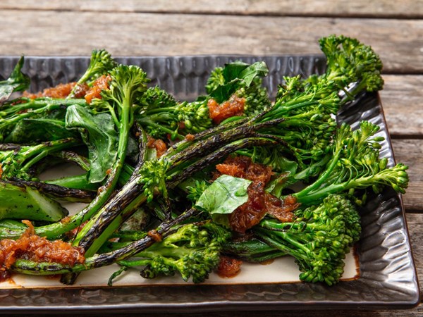 Charcoal chimney–grilled broccolini with XO sauce 