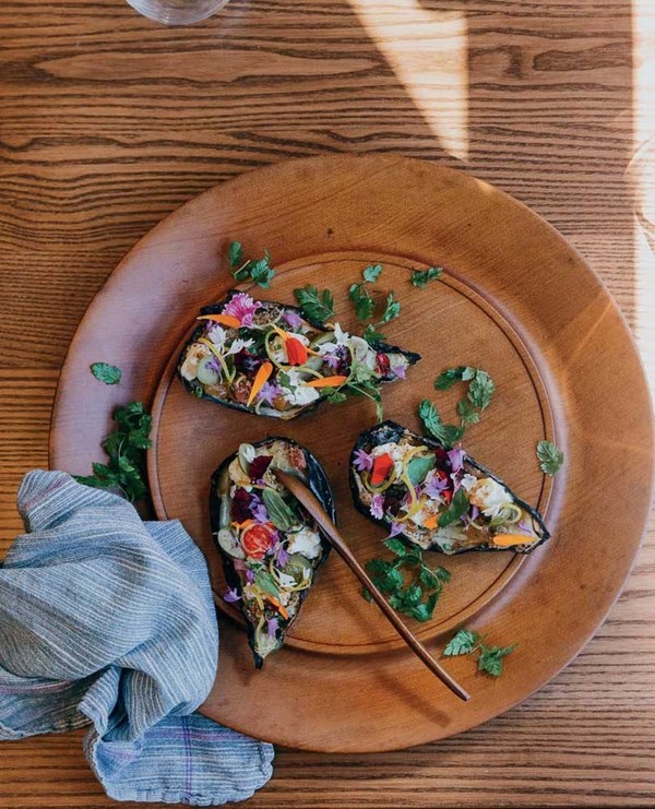 Charcoal eggplant with cumin dressing