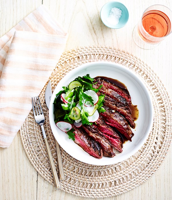 Charcoal-grilled skirt steak with parsley salad