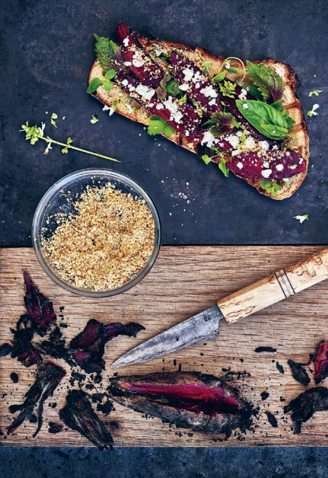 Charcoal-roasted red beetroot with feta and dukkah