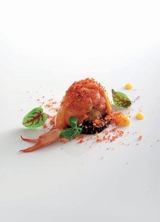 Charcoal-smoked marron with nori purée, young ginger, shellfish and dai dai emulsion