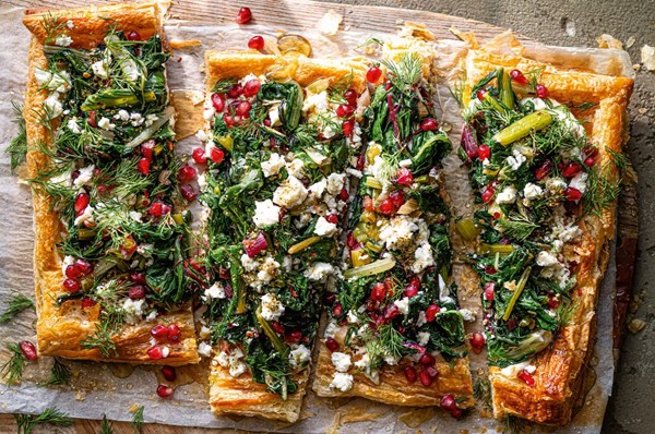 Chard & feta tart with pomegranate, chillies and zaatar