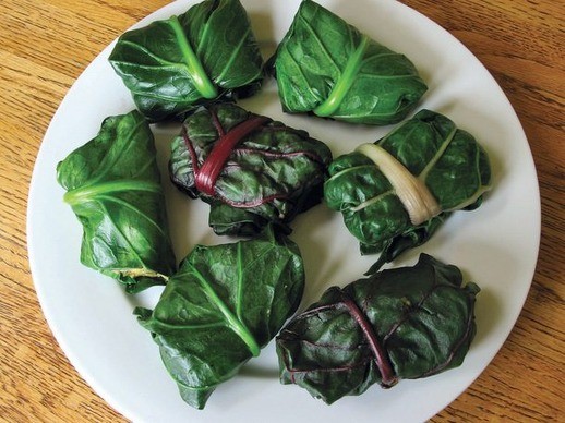 Chard- or collard-wrapped polenta-chile tamale packages from 'Heart of the Plate' (Cook the Book)