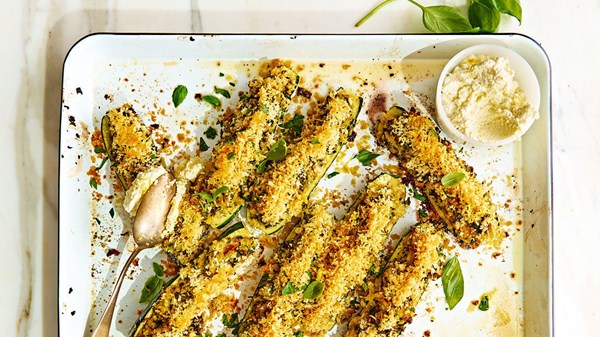 Chard and Parmesan stuffed zucchini with baked ricotta