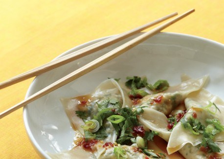 Chard and tofu wontons in sambal soy sauce