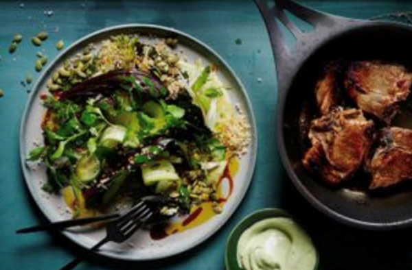 Chard, fennel and quinoa tabouli with lamb loin chops and avocado green goddess
