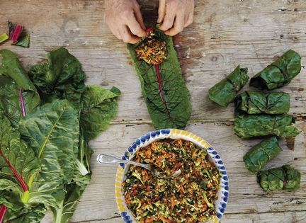 Chard leaves stuffed with rice, vegetables, and herbs
