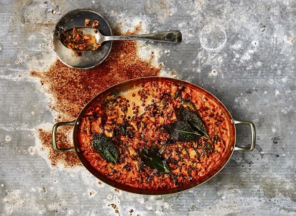 Chard, lentil and bay gratin