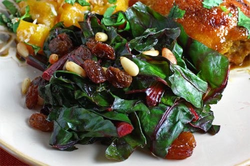 Chard sauteed with raisins and pine nuts