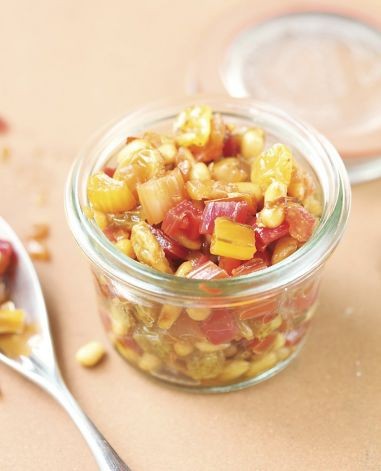 Chard stalk relish with pine nuts & sultanas