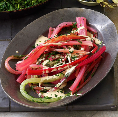Chard stalks in tarator (Dlou' selee' mtaballeh)