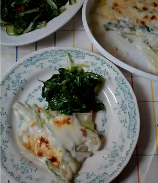 Chard stem gratin and chard greens with garlic and chilli