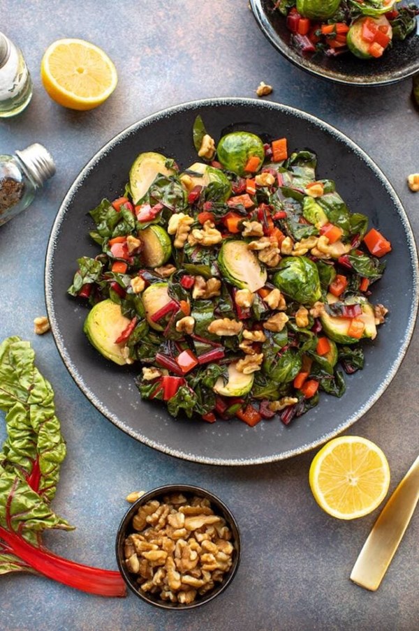 Chard with Brussels sprouts and red peppers