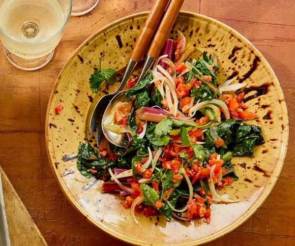Chard with lime, tomatoes & green chilli