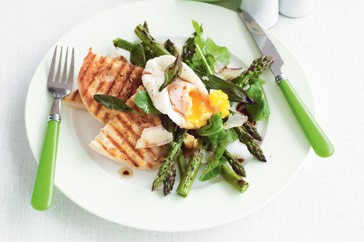 Chargrilled asparagus & Parmesan salad with poached eggs and crisp sage