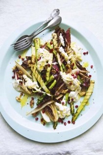 Chargrilled asparagus and radicchio with burrata, walnuts and pomegranate