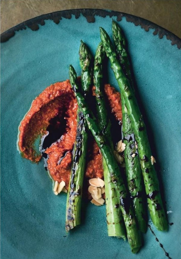 Chargrilled asparagus with romesco sauce and apple balsamic