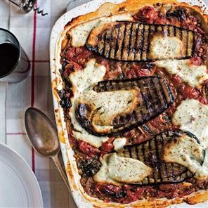 Chargrilled aubergine, spinach and tomato moussaka