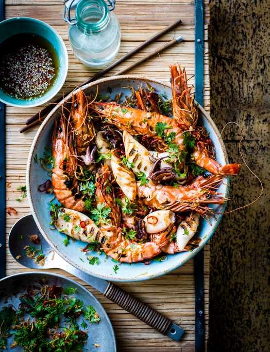 Chargrilled baby squid and prawns with crispy bits