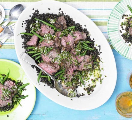 Chargrilled bavette steak with soy, lime, cumin and black beluga lentils