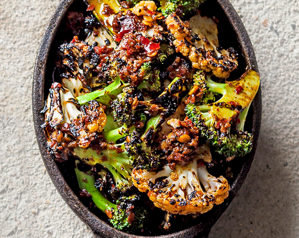 Chargrilled broccoli and cauliflower with harissa
