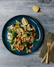 Chargrilled broccoli with chickpeas, almonds, lemon and chilli