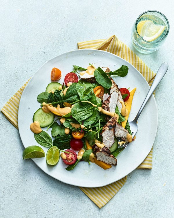 Chargrilled chicken with mango salad and spicy mango dressing