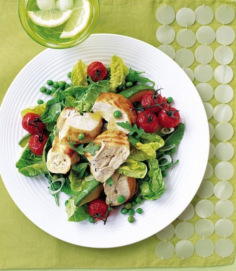 Chargrilled chicken with roasted tomatoes, avocado, peas and mint