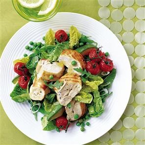 Chargrilled chicken with roasted tomatoes, avocado, peas and mint