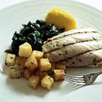 Chargrilled chicken with spinach and roast potatoes