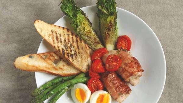 Chargrilled cos and chicken salad with soft-boiled eggs and asparagus