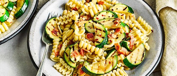 Chargrilled courgette and smoked bacon pasta