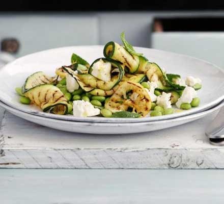 Chargrilled courgette, edamame and feta salad