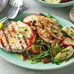 Chargrilled fennel-salt pork with apple and pecan salad