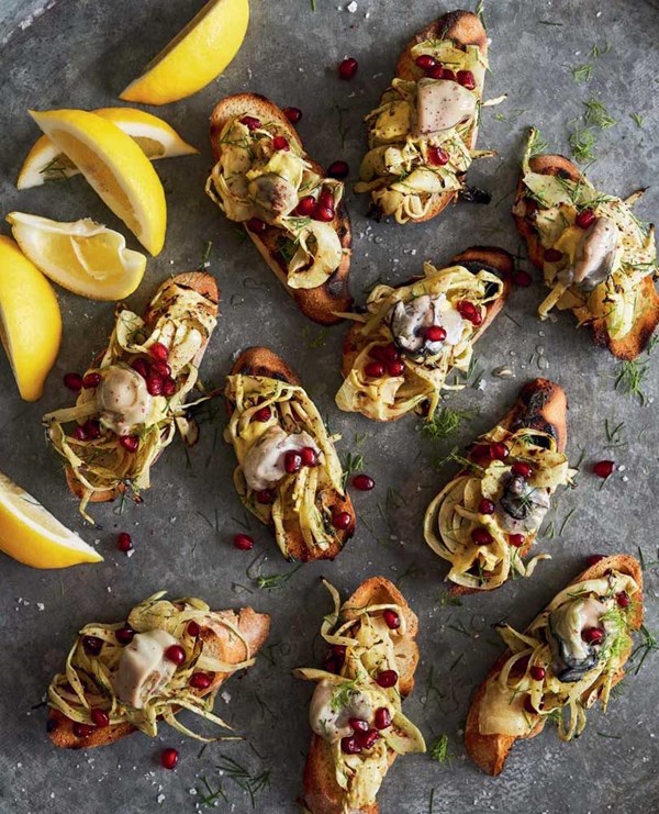 Chargrilled fennel slaw bruschetta with oyster mayonnaise