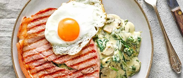 Chargrilled gammon with creamy spinach and mushrooms