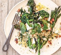 Chargrilled greens with feta and freekeh