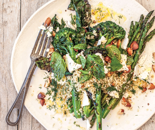 Chargrilled greens with feta and freekeh