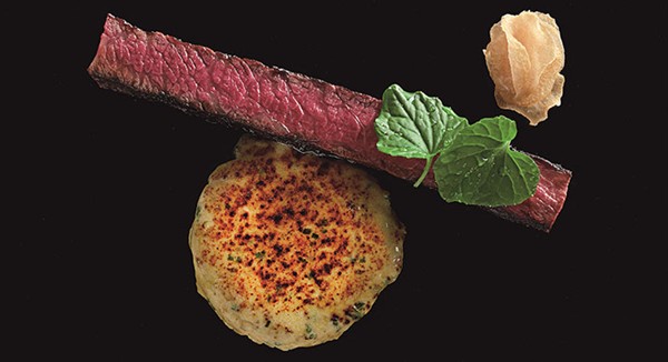 Chargrilled hatcho miso wagyu beef rump with garlic chips, and sea urchin and wasabi butter