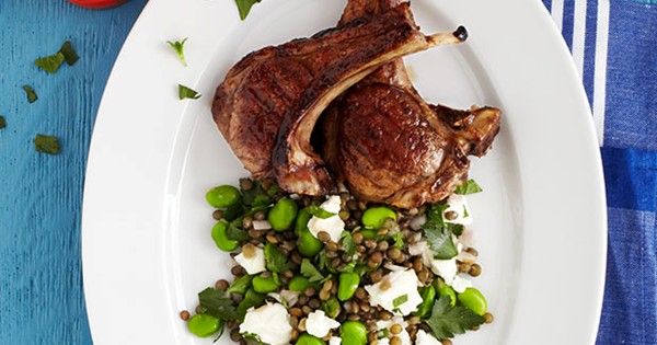 Chargrilled lamb with lentils, broad beans and feta